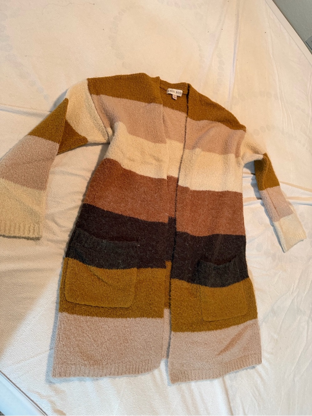Knox Rose Striped Open Cardigan in Mustard, Cream & Brown